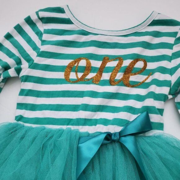 First Birthday Dress IBTom Green Tutu Striped Long Sleeve GIRLS 12 - 18 Months - Picture 3 of 8